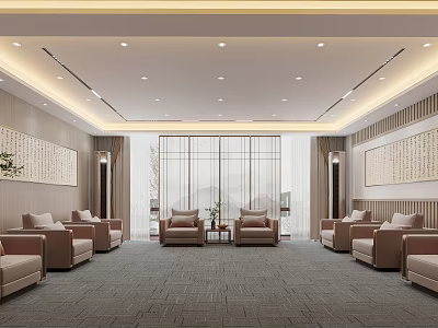 Spacious Modern Meeting Room Interior With Comfortable Sofas Floor to Ceiling Windows And Calligraphy Paintings 3d model