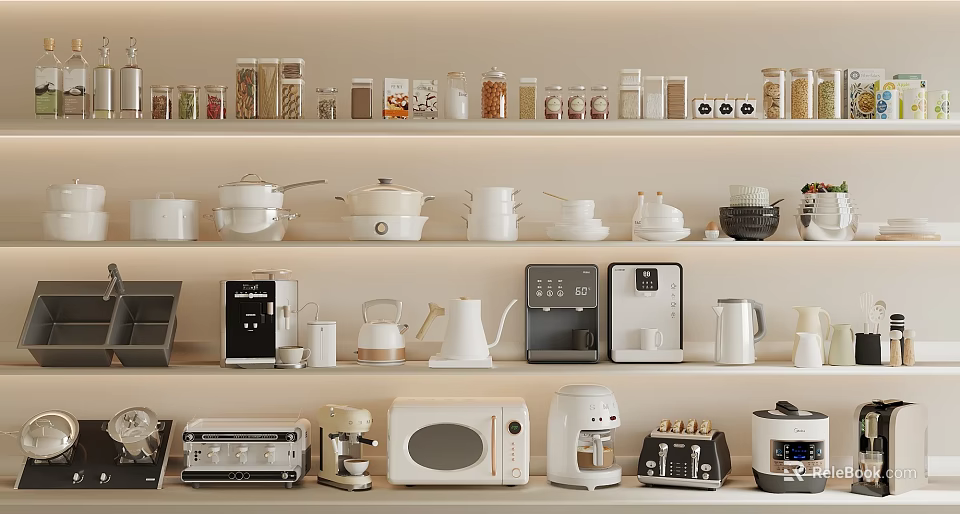 Various Kitchen Appliances Like Coffee Maker Microwave Toaster And Kettle Arranged On Shelves 3d model 