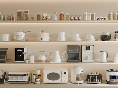 Various Kitchen Appliances Like Coffee Maker Microwave Toaster And Kettle Arranged On Shelves 3d model