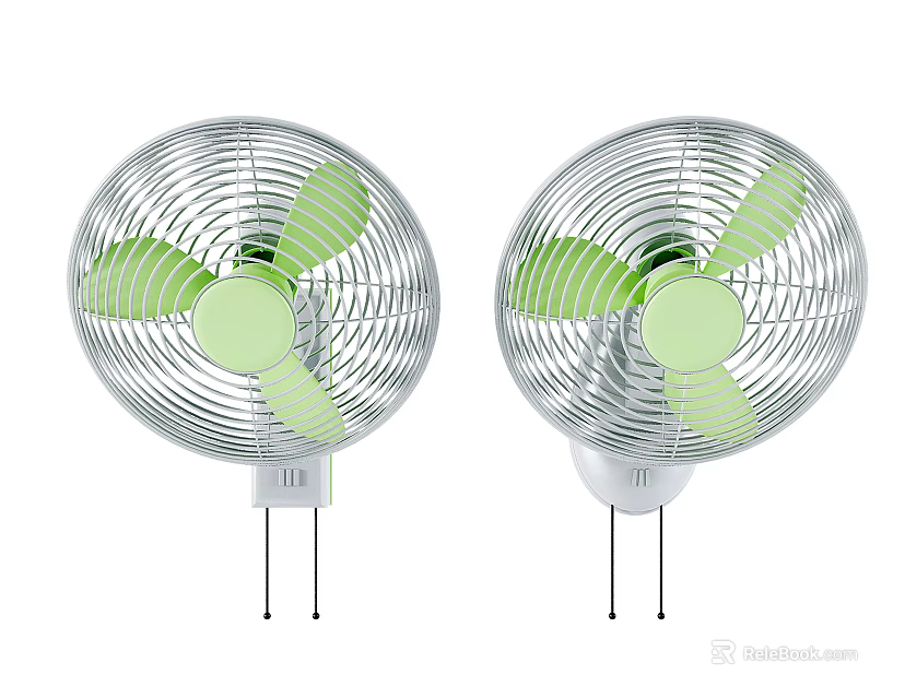 Two Air Cooling Fans With Green Blades White Base And Metal Grille 3d model 