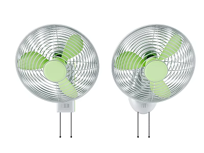 Two Air Cooling Fans With Green Blades White Base And Metal Grille 3d model
