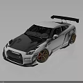 Modified White Nissan GT-R Sports Car With Blue Hood Rear Spoiler Gold Wheels And Body Kit