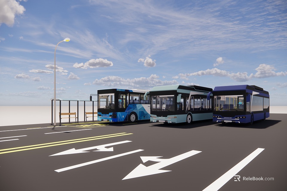 Three Buses Parked in Bus Parking Lot with Directional Arrows Street Lamp and Bench 3d model 