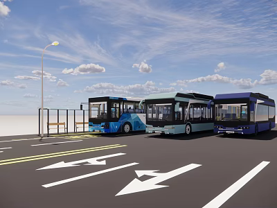 Three Buses Parked in Bus Parking Lot with Directional Arrows Street Lamp and Bench 3d model