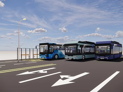 Three Buses Parked in Bus Parking Lot with Directional Arrows Street Lamp and Bench 3d model