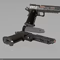 Two Modern Tactical Pistols With Wooden Grips Metal Frames Red Accents And Magazine Attachments