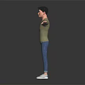 Male Character Standing In Green Long Sleeve Shirt Blue Jeans With Outstretched Arms Dark Background 3d model