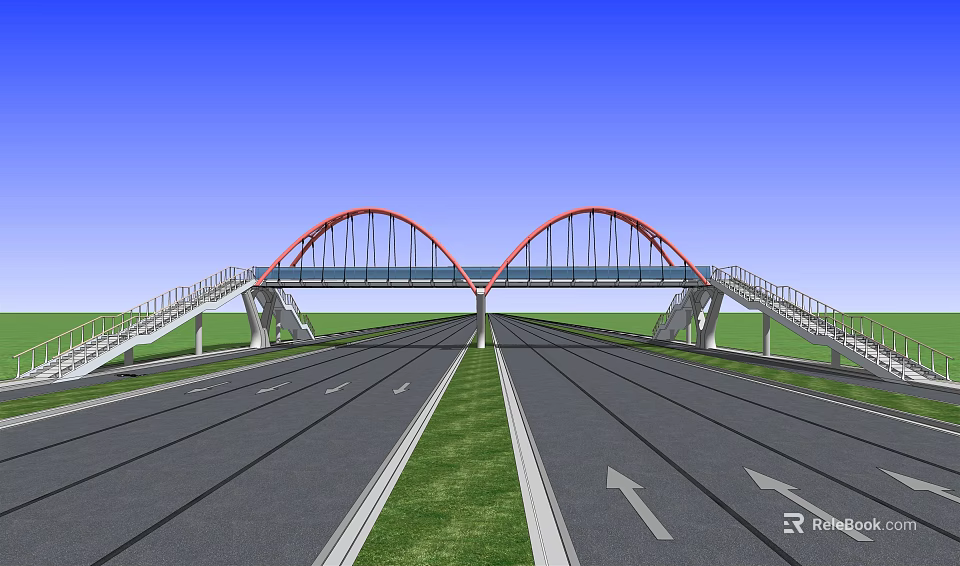 Red Arch Bridge Spanning Over Road Lanes With Grass Median And Blue Sky 3d model 