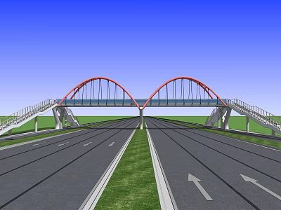 Red Arch Bridge Spanning Over Road Lanes With Grass Median And Blue Sky 3d model