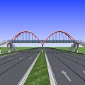 Red Arch Bridge Spanning Over Road Lanes With Grass Median And Blue Sky