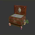 Vintage Wooden Music Box With Open Lid and Interior Mirror Ornate Carvings And Golden Feet