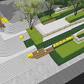 Modern Park Landscape With Curved Steps Yellow Benches Green Lawn And Trees