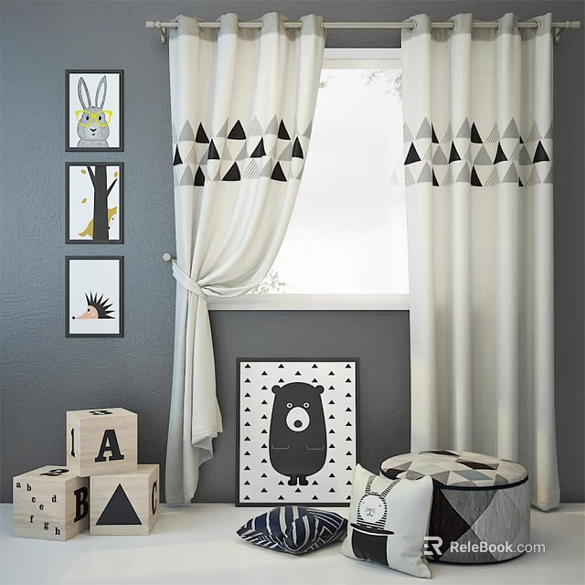White Curtains with Black Triangle Patterns in Kids Room with Animal Art and Alphabet Blocks 3d model 