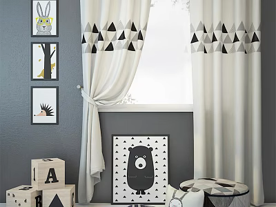 White Curtains with Black Triangle Patterns in Kids Room with Animal Art and Alphabet Blocks 3d model