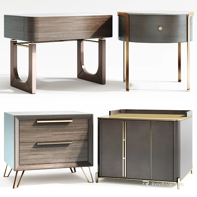 Modern Bedside Tables With Drawers Golden Legs And Wooden Dark Panel Design 3d model 