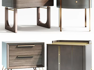 Modern Bedside Tables With Drawers Golden Legs And Wooden Dark Panel Design 3d model