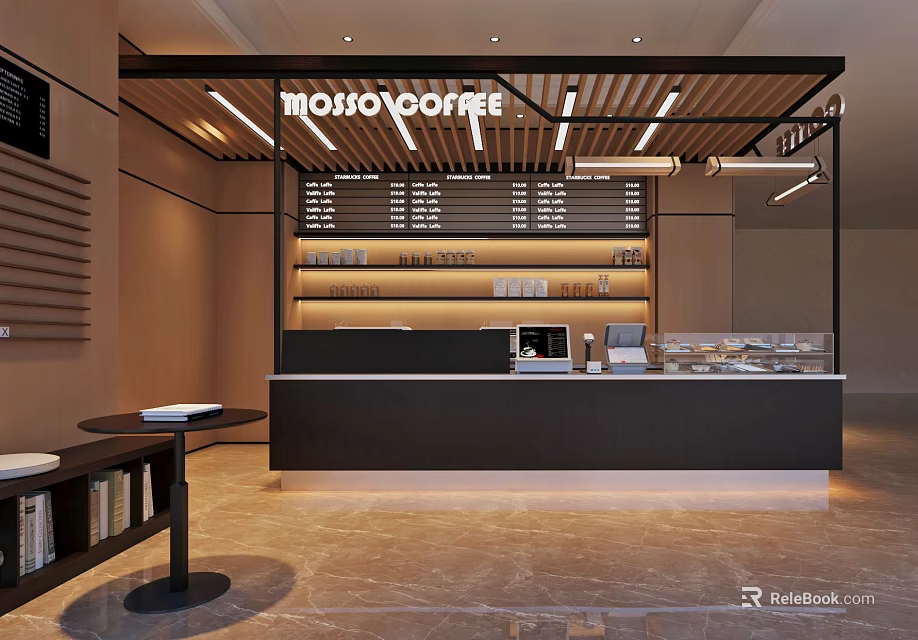 Modern Moxocoffee Cafe Interior Design With Counter Shelves And Strip Lighting 3d model 
