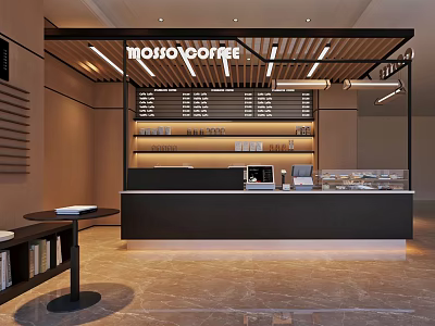 Modern Moxocoffee Cafe Interior Design With Counter Shelves And Strip Lighting 3d model