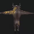 Muscular Cartoon Bull With Horns Brown Body Yellow Patterns Outstretched Arms