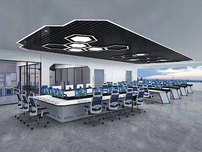 Modern Control Room with Multiple Monitoring Screens Operation Console Ergonomic Office Chairs and Spacious Layout 3d model