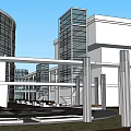 Modern Tall Office Building Surrounded by Multistory Residential Buildings and Commercial Podium in Urban Complex