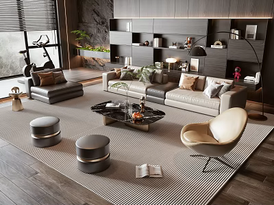 Modern Living Room Sofa And Coffee Table Set With Neutral Tones Accent Chairs And Decorative Pillows 3d model