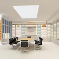 Enterprise Honor Room Interior With Display Shelves Award Certificates And Conference Table