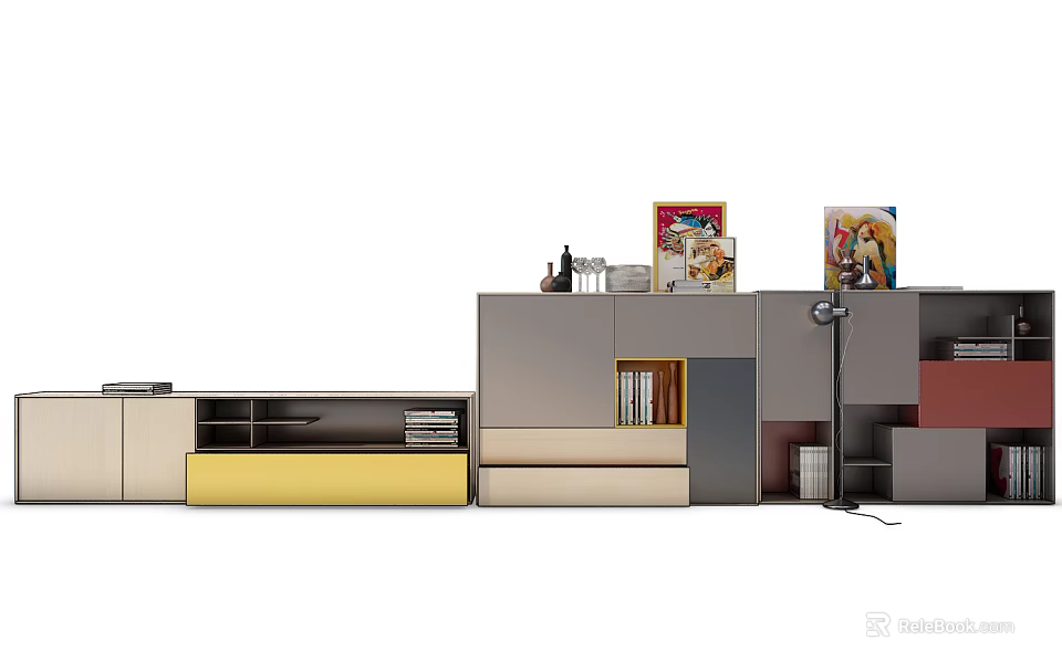 Modern Modular Bookcase With Multicolor Panels Open Shelves Drawers And Books 3d model 