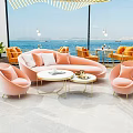 Open Seaview Cafe With Pink Sofas Orange Chairs And Marble Floor 3d model