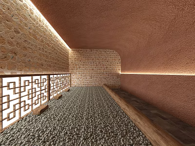 Shower Sauna with Stone Walls Pebble Flooring and Chinese Lattice Railings and Warm Ambient Lighting 3d model