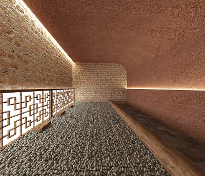 Shower Sauna with Stone Walls Pebble Flooring and Chinese Lattice Railings and Warm Ambient Lighting 3d model