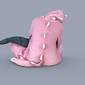 A Woman In Pink Onesie Hugging Shark Plush Toy Sitting Comfortably On Floor