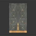 Decorative Dark Colored Double Door Cabinet With Gold Accents Circular Square Patterns Handles And Base