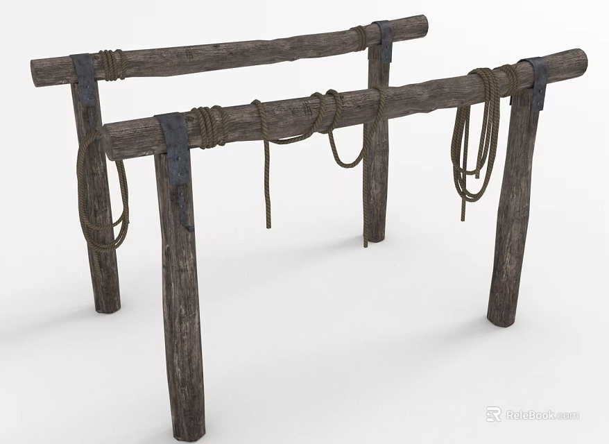 Rustic Wooden and Stone Stand With Wrapped Ropes and Metal Fasteners 3d model 