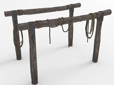 Rustic Wooden and Stone Stand With Wrapped Ropes and Metal Fasteners 3d model