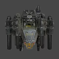 Futuristic Battle Mech With Armored Body Multiple Cannons And Glowing Yellow Red Lights