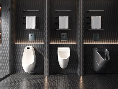 Modern Bathroom With Three Urinals Dark Tiled Walls And Towel Racks 3d model