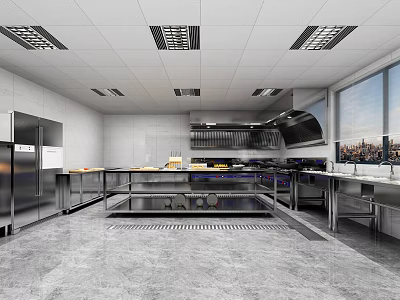 Commercial Kitchen With Stainless Steel Appliances Worktables Ventilation Hood Cabinets And Windows 3d model