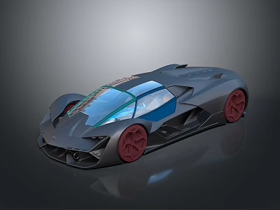 Sleek Gray Supercar With Blue Windows And Red Rims Design 3d model