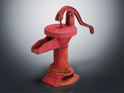 Vintage Red Rusted Manual Water Pump As Industrial Equipment With Cast Iron Structure 3d model