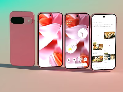 Four Modern Smartphones In Pink And White With Interactive Display Interfaces 3d model