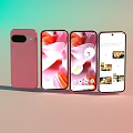 Four Modern Smartphones In Pink And White With Interactive Display Interfaces 3d model