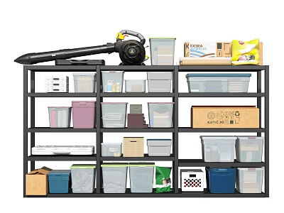 Multifunctional Storage Shelf with Various Colored Bins and Labeled Cardboard Boxes for Home Organization 3d model