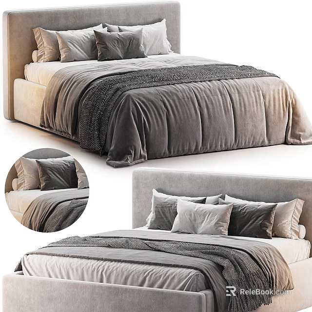 Elegant Double Bed With Plush Velvet Headboard And Soft Linen Bedding Pillows 3d model 