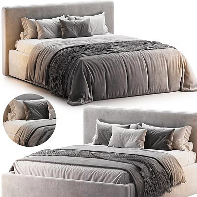 Elegant Double Bed With Plush Velvet Headboard And Soft Linen Bedding Pillows 3d model