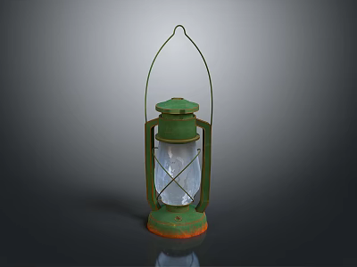 Vintage Green Kerosene Lamp With Metal Frame Glass Shade Handle And Rusted Base 3d model