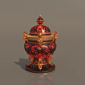 Red and Black Decorative Ornament Set Featuring Gold Accents Dragon Patterns and Three-Legged Base