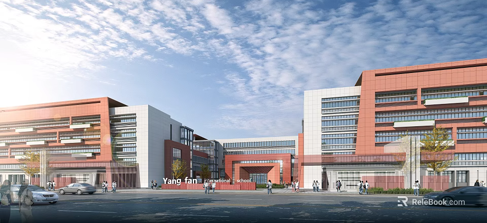 Modern Yang Fan School Building Featuring Red Brick White Exterior And Campus Plaza With People 3d model 