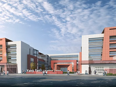 Modern Yang Fan School Building Featuring Red Brick White Exterior And Campus Plaza With People 3d model