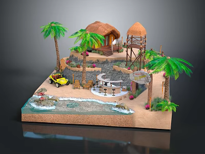 Miniature Tropical Scene Model With Thatched Huts Palm Trees And Off Road Vehicle 3d model